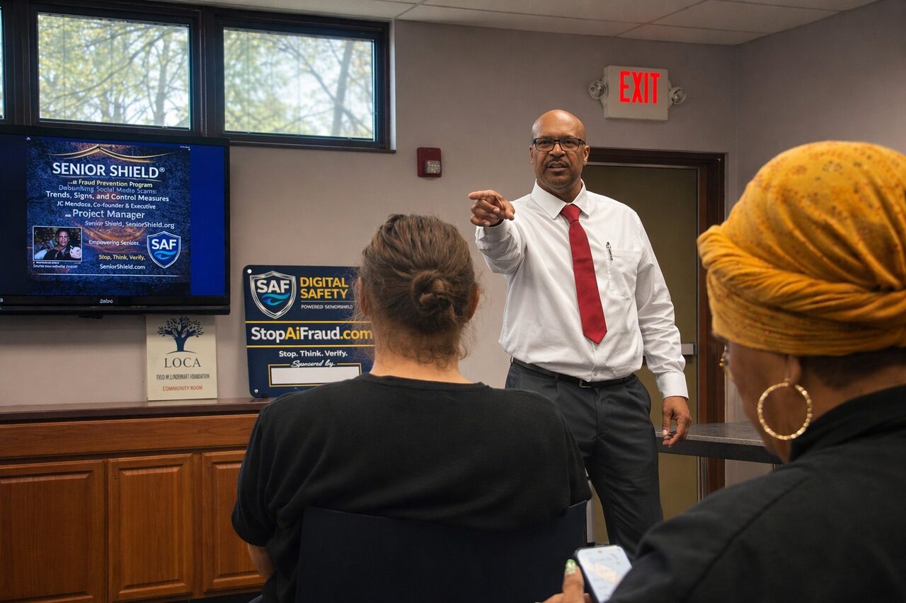 SAF Founder Gary Williams presenting an AI fraud awareness workshop to community attendees with the Senior Shield slide displayed behind him.