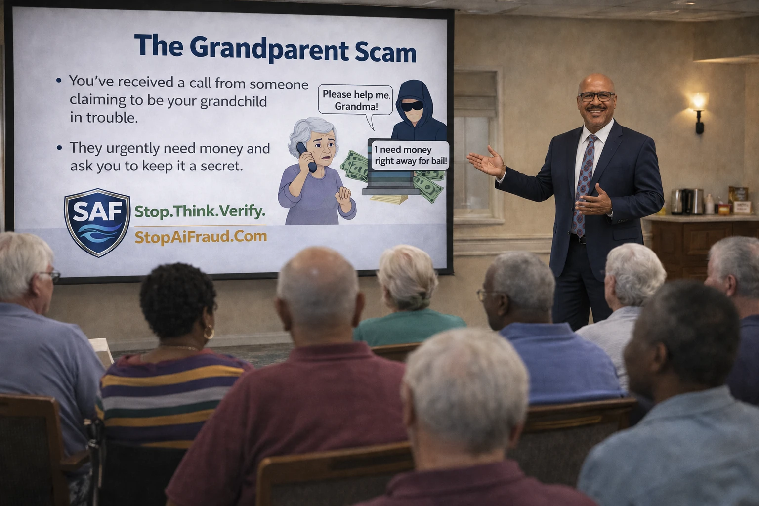 Illustrative scene of SAF founder Gary leading an AI-fraud prevention workshop for older adults.