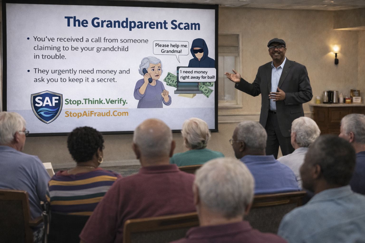 SAF presenter teaching seniors about The Grandparent Scam during live AI fraud prevention training